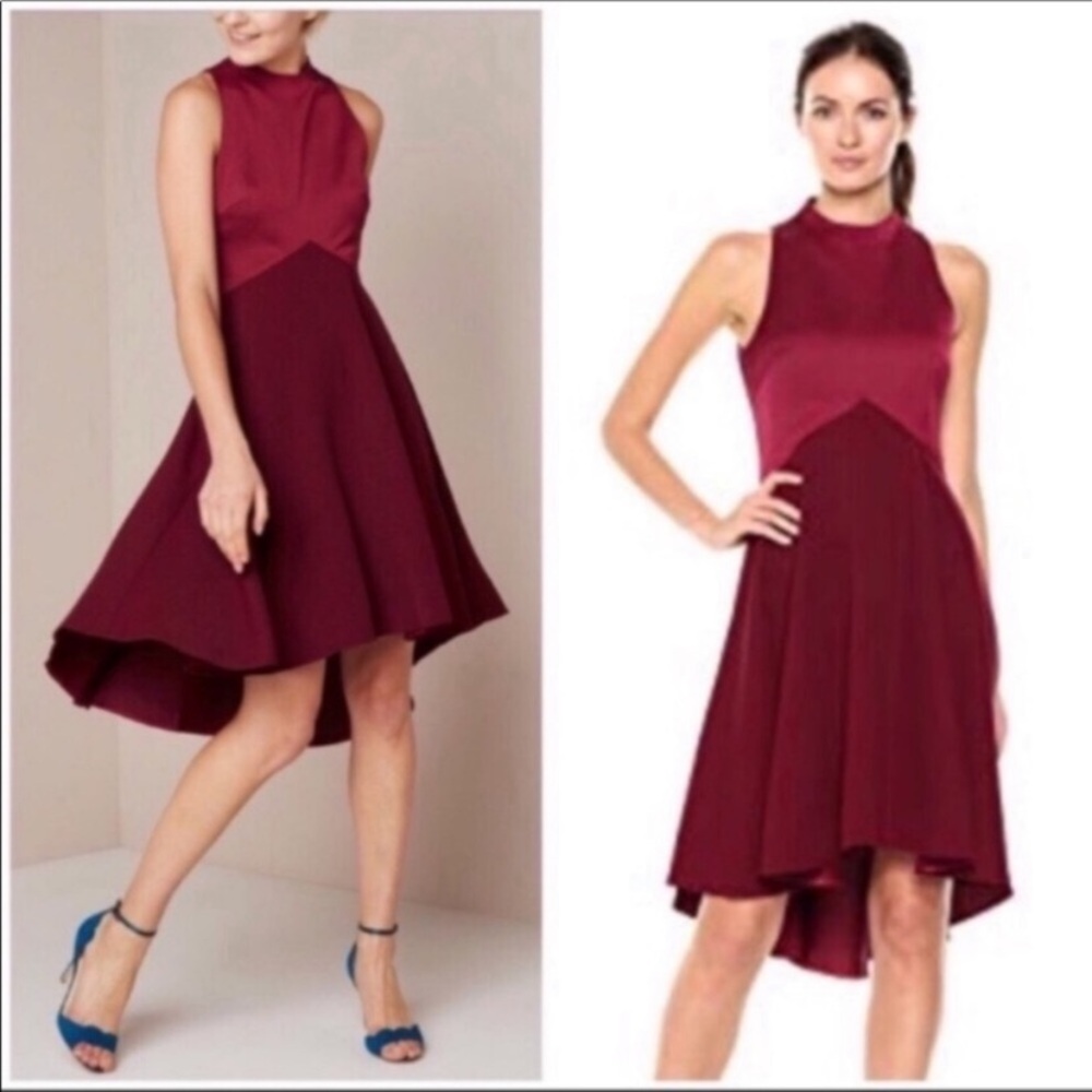 Ted Baker Dress Kandal Midi High Low Fit and Flare in Burgundy - Picture 3 of 12